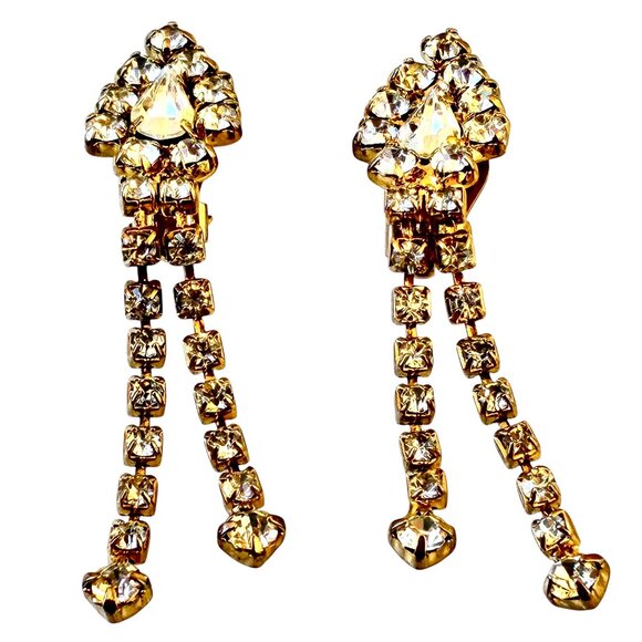 Vintage Earrings Gold-tone Crystal Rhinestones Dangle Drop Prong Set Clip-On - Picture 8 of 11